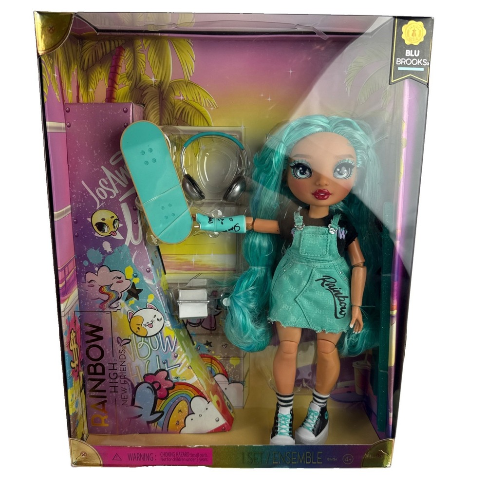 Rainbow High New Friends Blu Brooks Aqua Blue Fashion Doll Skateboard Blue New